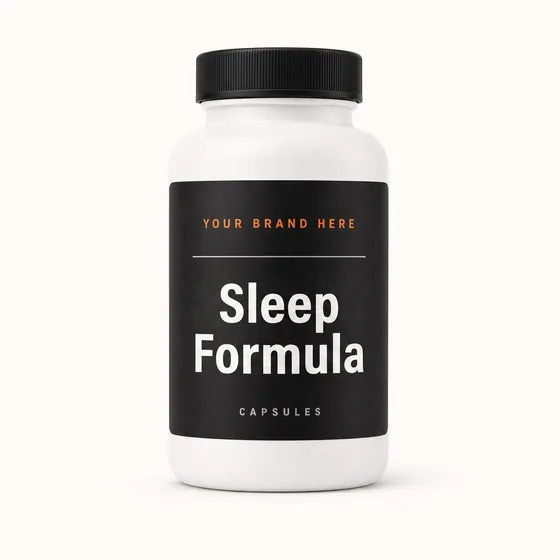 Blank-label mockup of Sleep Formula on a screw-top bottle, with the brand name left blank for yours