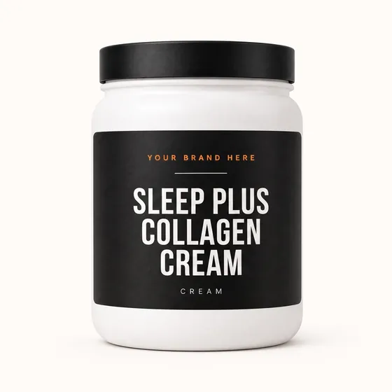 Blank-label mockup of Sleep Plus Collagen Cream on a wide-mouth jar, with the brand name left blank for yours