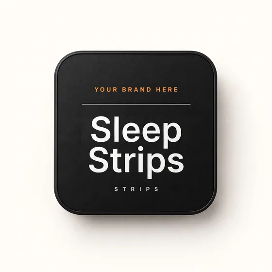 Blank-label mockup of Sleep Strips on a flat metal tin, with the brand name left blank for yours