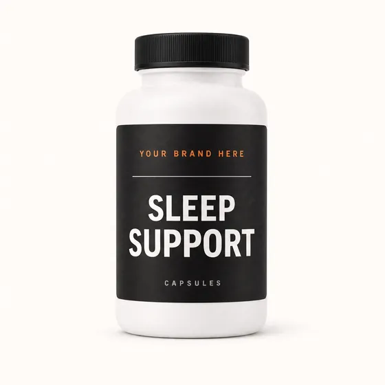 Blank-label mockup of Sleep Support on a screw-top bottle, with the brand name left blank for yours