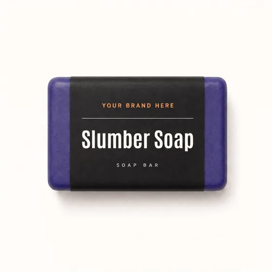 Blank-label mockup of Slumber Soap on a wrapped soap bar, with the brand name left blank for yours
