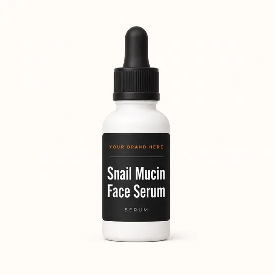 Blank-label mockup of Snail Mucin Face Serum on a dropper bottle, with the brand name left blank for yours
