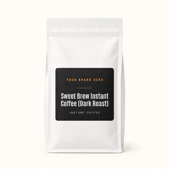 Blank-label mockup of Sweet Brew Instant Coffee (Dark Roast) on a resealable bag, with the brand name left blank for yours
