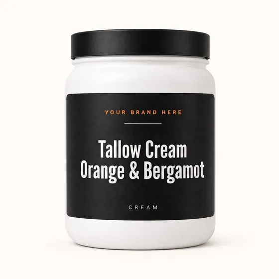Blank-label mockup of Tallow Cream Orange & Bergamot on a wide-mouth jar, with the brand name left blank for yours