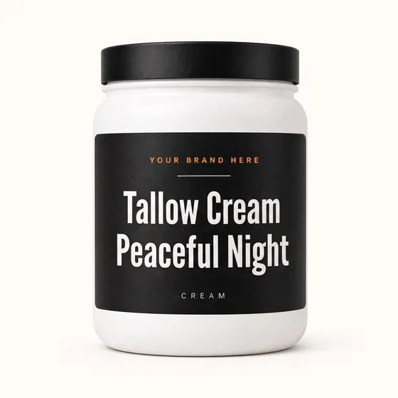 Blank-label mockup of Tallow Cream Peaceful Night on a wide-mouth jar, with the brand name left blank for yours
