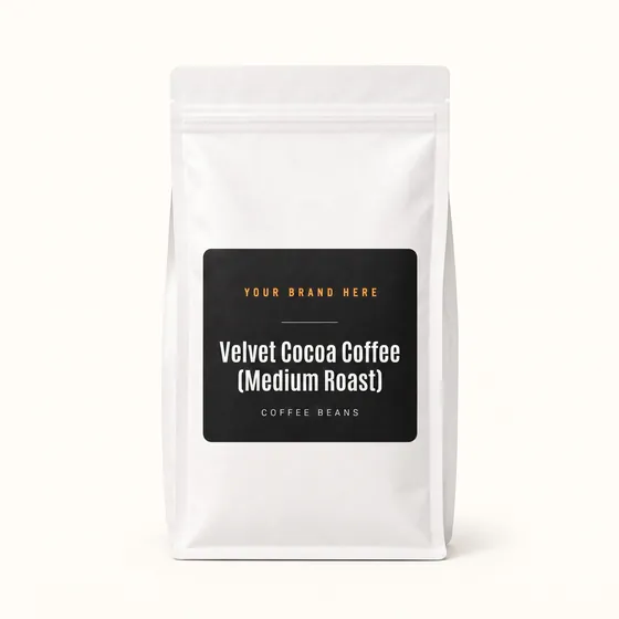 Blank-label mockup of Velvet Cocoa Coffee (Medium Roast) on a resealable bag, with the brand name left blank for yours