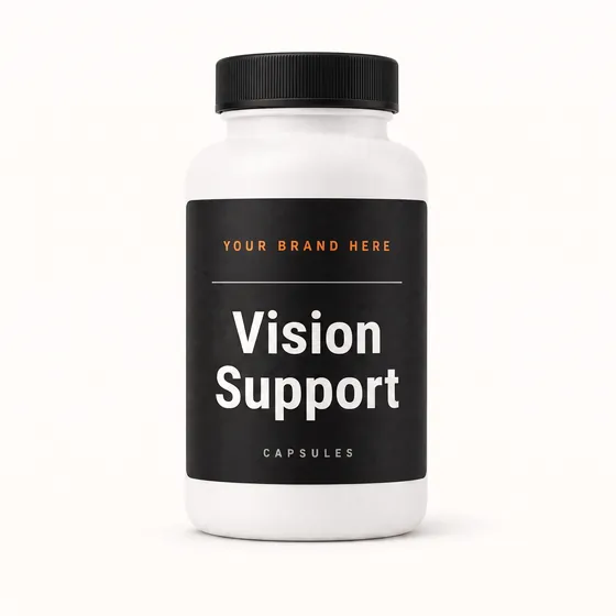 Blank-label mockup of Vision Support on a screw-top bottle, with the brand name left blank for yours