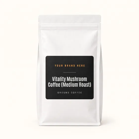 Blank-label mockup of Vitality Mushroom Coffee (Medium Roast) on a resealable bag, with the brand name left blank for yours