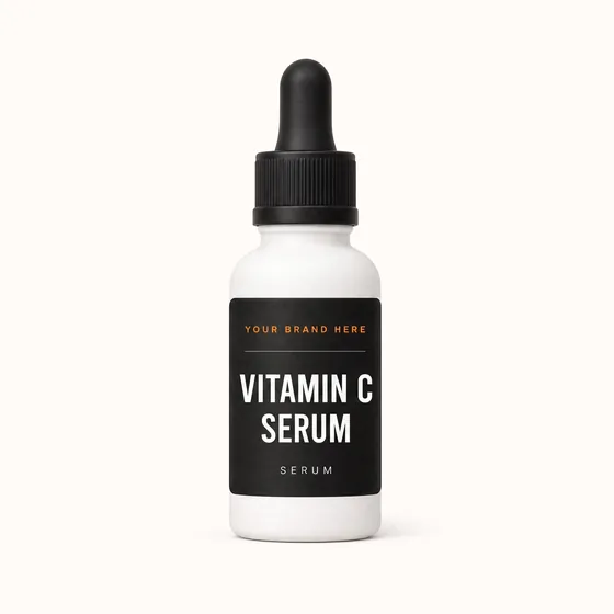 Blank-label mockup of Vitamin C Serum on a dropper bottle, with the brand name left blank for yours