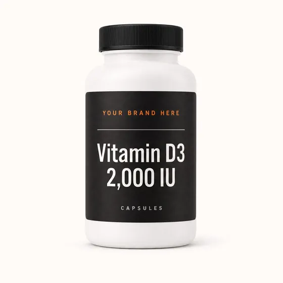 Blank-label mockup of Vitamin D3 2,000 IU on a screw-top bottle, with the brand name left blank for yours