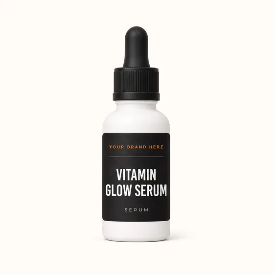 Blank-label mockup of Vitamin Glow Serum on a dropper bottle, with the brand name left blank for yours