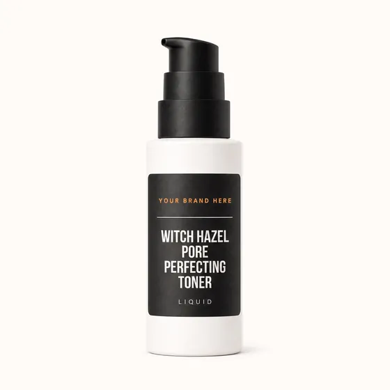 Blank-label mockup of Witch Hazel Pore Perfecting Toner on a pump bottle, with the brand name left blank for yours