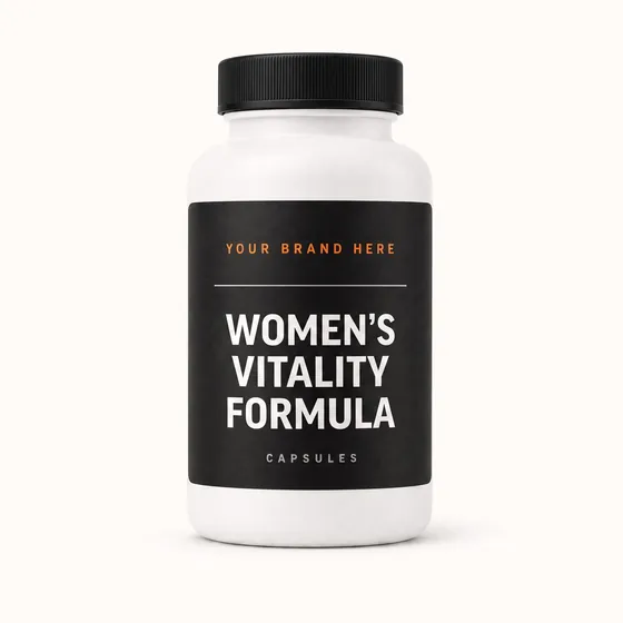 Blank-label mockup of Women's Vitality Formula on a screw-top bottle, with the brand name left blank for yours